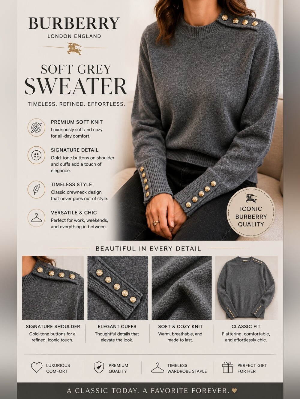 BURBERRY - Soft Grey Sweater with Gold Button Details